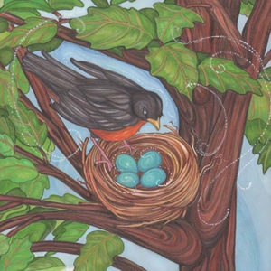 Robins Nest A hand drawn illustration of a robin overseeing eggs in her nest