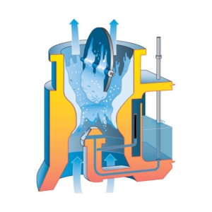 A cutaway technical illustration that shows ice buildup in an aircraft engine carburetor