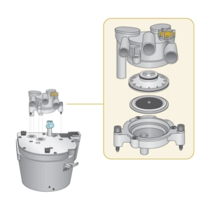 An exploded view technical illustration that shows the exhalation valve assembly on an anesthesia machine