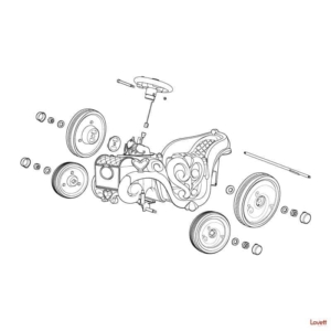 An exploded view technical illustration that shows the parts for the Enchanted Carriage ride-on toy