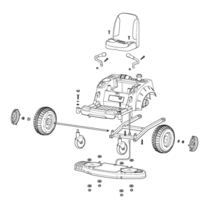 Exploded-View-of-Lawn-Mower-Ride-on-Toy An exploded view technical illustration that shows the parts for the lawn mower ride-on toy