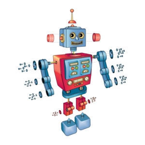 A humorous exploded view illustration that shows the parts of a toy robot