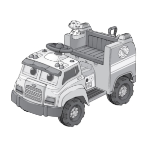 Fire-Truck-Ride-on-Toy-Front-View A technical illustration that shoes the front view of a fire truck ride-on toy for children