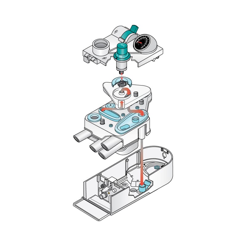 An exploded view technical illustration that shows the gas flow through an APL Valve on an anesthesia machine