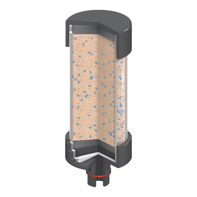 A cutaway technical illustration that shows the filter layers in the Hydraulic Tank Desiccant Breather