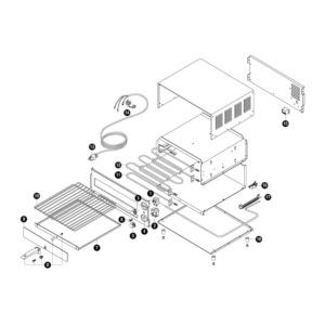 Pizza-Oven An exploded view technical illustration that shows the parts to a pizza oven