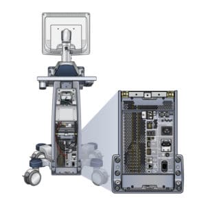 An exploded view technical illustration that shows the connector panel on an ultrasound machine