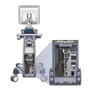 Ultrasound-Machine-Connector-Panel An exploded view technical illustration that shows the connector panel on an ultrasound machine