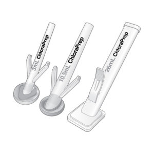 A medical illustration that shows different sizes of ChloraPrep applicators
