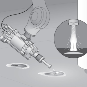 Cold-Spray-in-Industrial-Tank An editorial illustration the shows cold spray welding in an industrial tank
