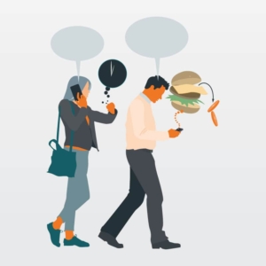 Deciding What to Eat An editorial illustration the shows how a person balances time and eating