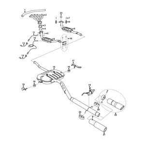An exploded view technical illustration that shows the parts in a muffler assembly