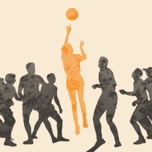 Starting from Strengths An editorial illustration that shows a woman playing basketball with men