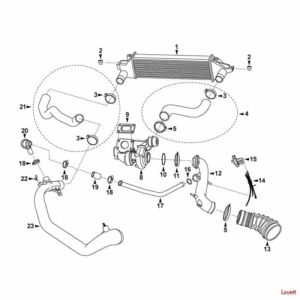 An exploded view technical illustration that shows the parts in a Viggen intercooler assembly