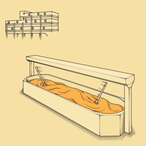 Tillamook-Window-4-Cheddarmaster-of-the-Past An editorial illustration of the old Cheddarmaster in Tillamook's cheese making process
