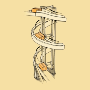 Tillamook-Window-7-Spiral-Conveyor An editorial illustration of the Spiral Conveyor in Tillamook's cheese making process