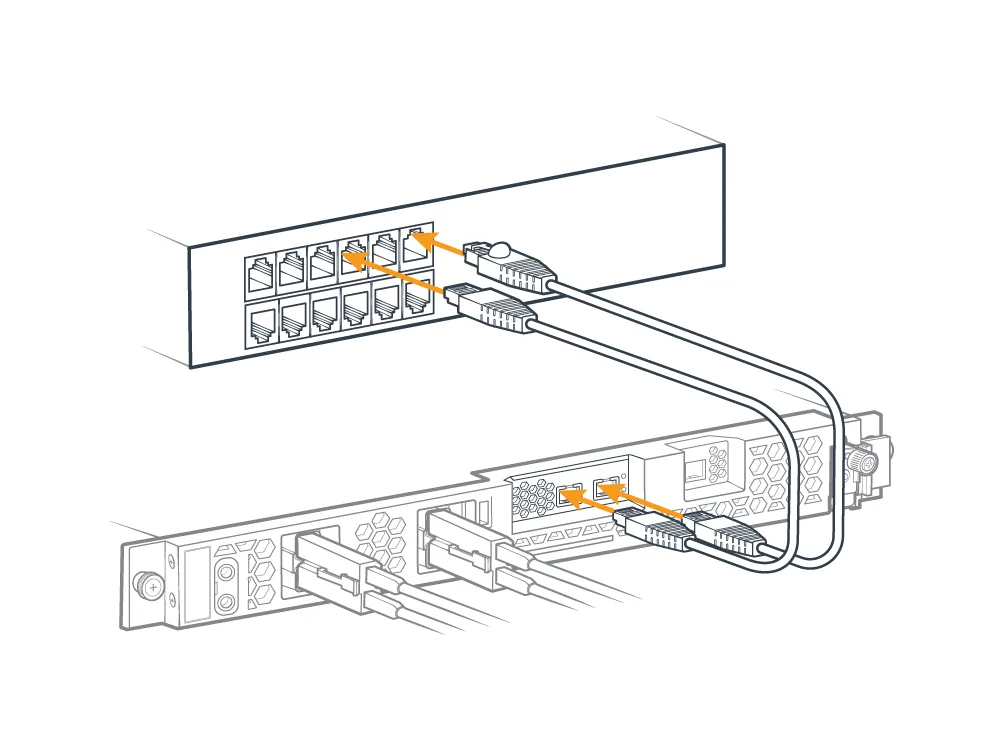 Technical illustration showing Ethernet cable connections between a network switch and server hardware.