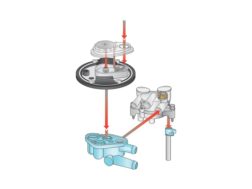 Industrial exhale valve technical illustration with exploded view, gas flow paths, and internal valve components.