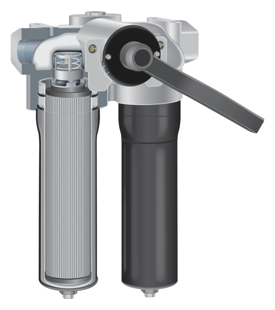 Cutaway technical illustration of an industrial hydraulic filter assembly showing internal filtration components