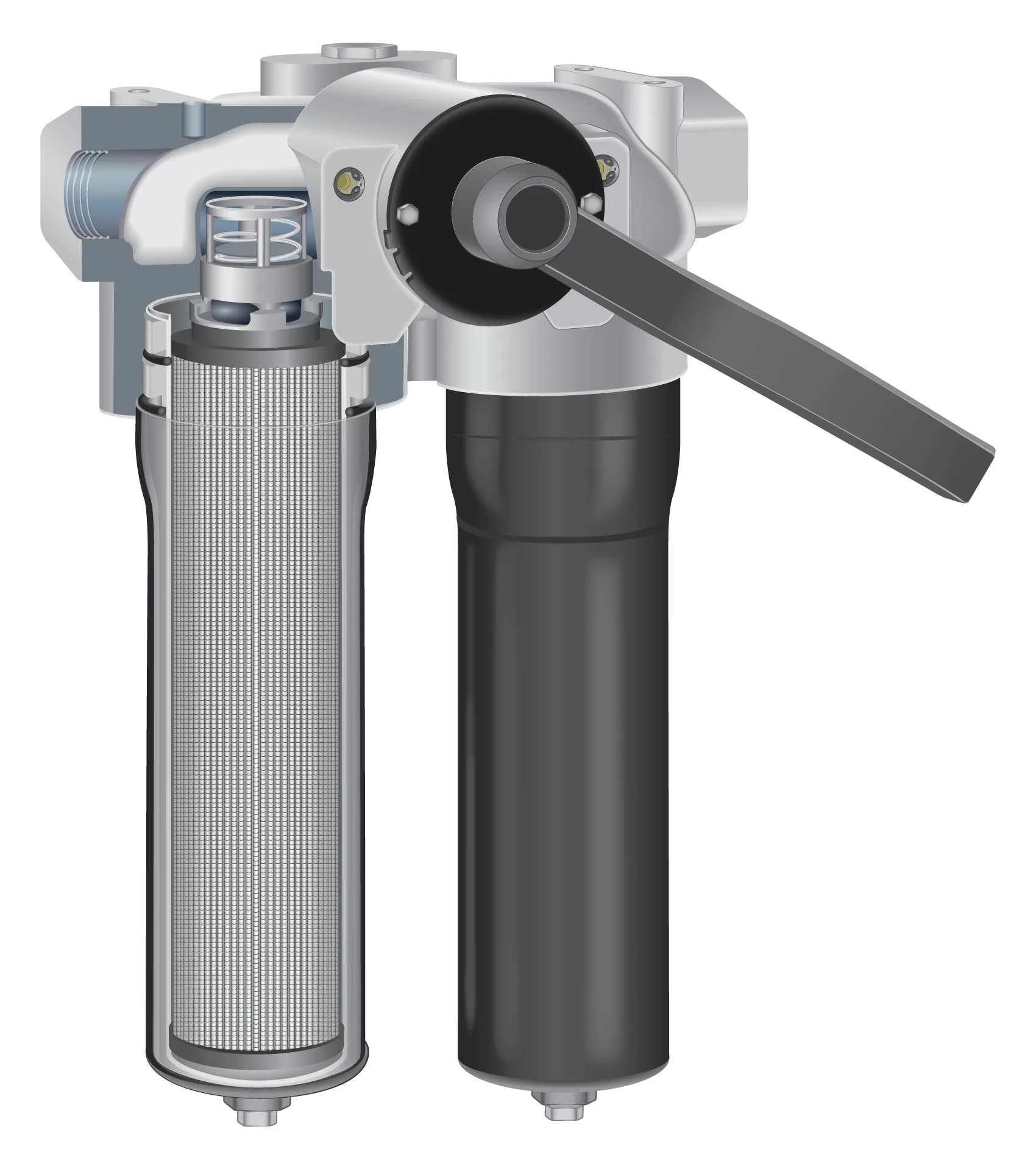 Cutaway technical illustration of an industrial hydraulic filter assembly showing internal filtration components