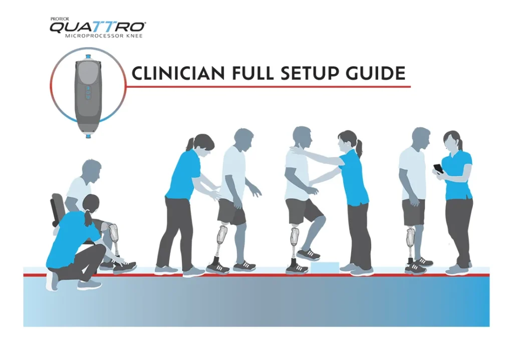 Illustrated clinician setup guide for a prosthetic knee medical device