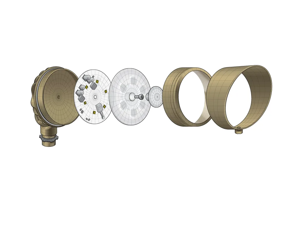 Industrial lighting fixture exploded view illustration showing internal components, reflector assembly, mounting hardware, and housing parts in assembly order.