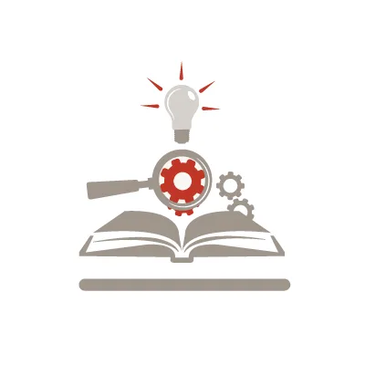 Industry training and education icon featuring an open book, gears, magnifying glass, and lightbulb representing technical learning and workforce development.