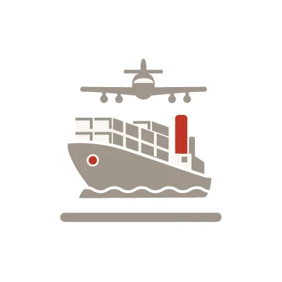 Aviation and transportation industry icon featuring an aircraft flying above a cargo ship.