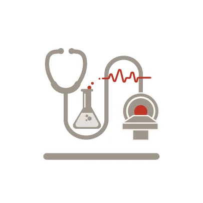 Medical and scientific industry icon showing a laboratory flask, stethoscope, ECG waveform, and medical imaging equipment.