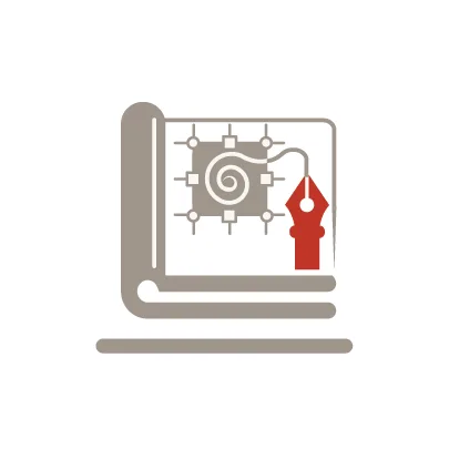 Publishing and editorial illustration icon representing technical documentation, training materials, and visual communication services.