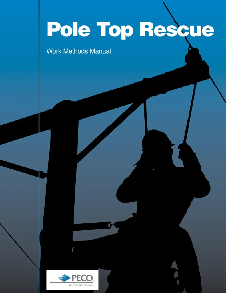 Technical illustration cover for a utility safety training and work methods manual featuring a pole-top rescue procedure.