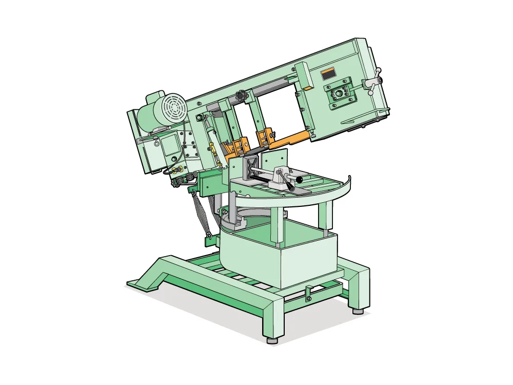 Technical illustration of an industrial band saw used for metal cutting and fabrication operations.