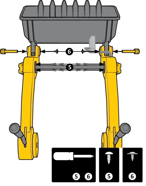 Wordless assembly instruction illustration for a children's ride-on toy showing hardware placement and assembly sequence.
