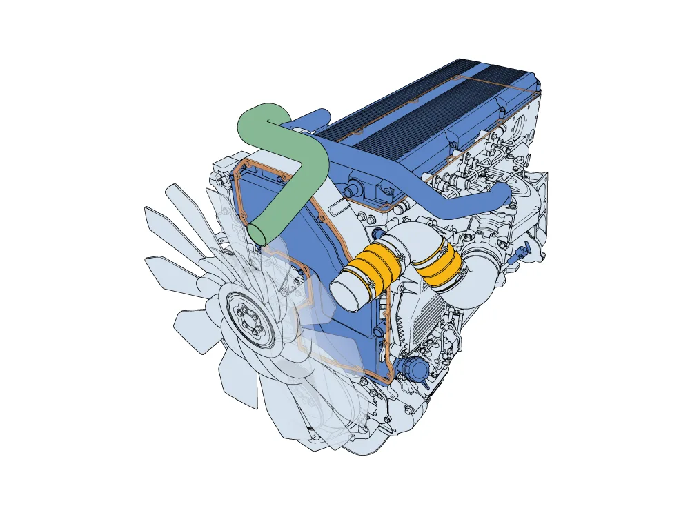 Diesel engine cutaway technical illustration showing internal components, airflow paths, and mechanical systems.