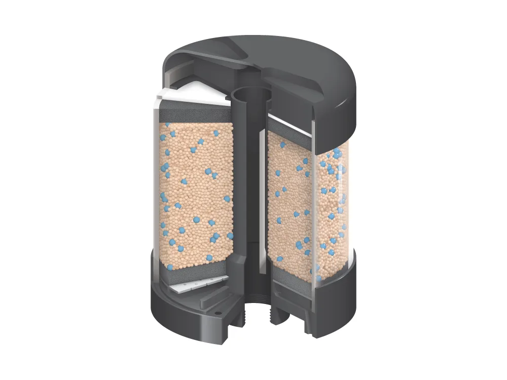 Cutaway illustration showing internal desiccant media and filtration components of an EZ-Dri reservoir breather.