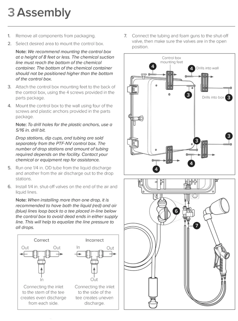 Illustrated installation manual page developed for the Foamit Wall Mounted Pneumatic Teat Foam System and Applicator featuring technical drawings, numbered callouts, and structured step-by-step instructions.