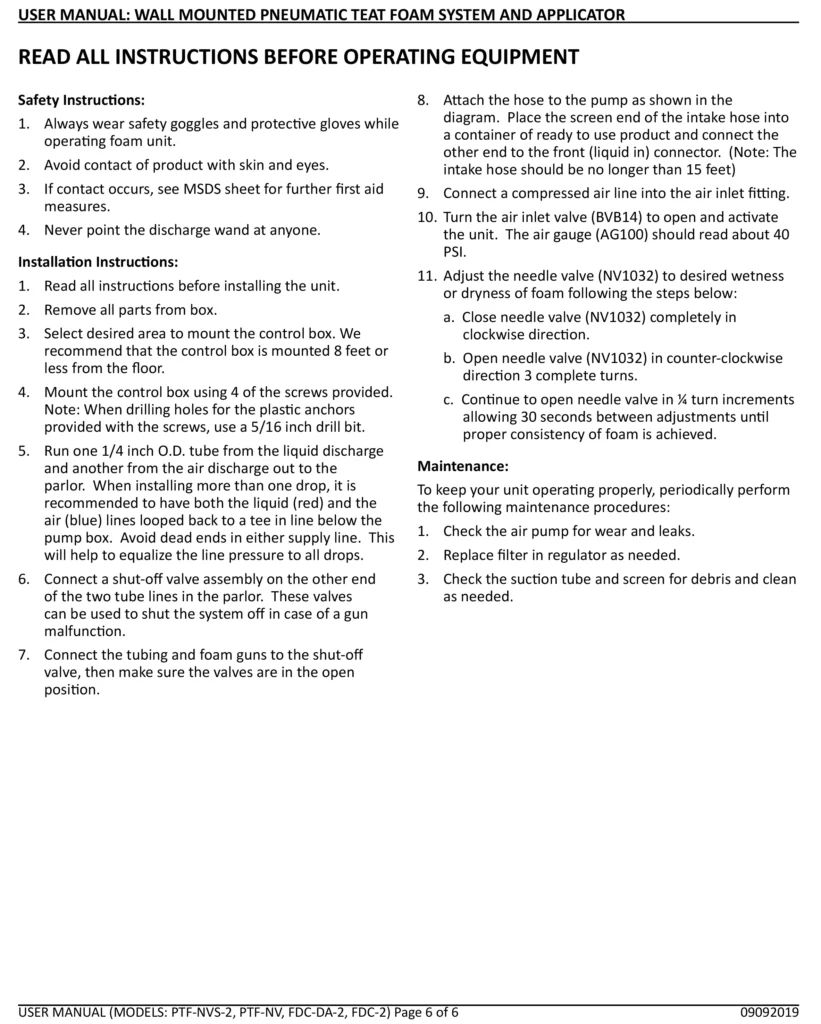 Original technical manual page for a Foamit Wall Mounted Pneumatic Teat Foam System and Applicator showing dense text-based instructions with minimal visual support.