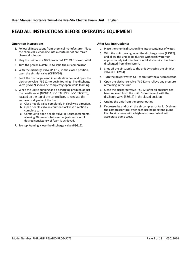 Original Foamit Pre-Mix Electric Fog and Mist Unit manual page showing a traditional text-based documentation layout.