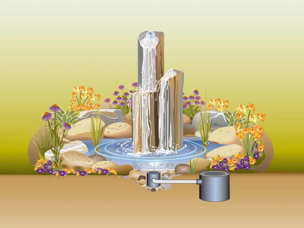 Technical marketing illustration of a decorative rock-column fountain showing an integrated water pump and circulation system.