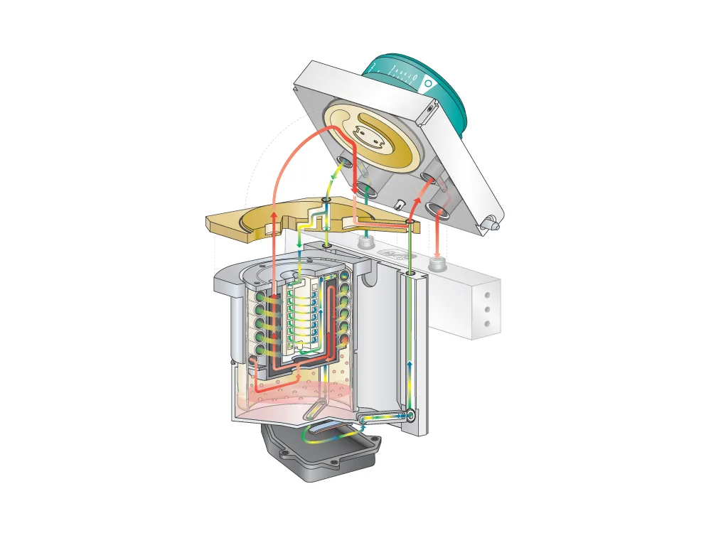 Cutaway illustration of a GE Healthcare Tec 6 anesthesia vaporizer showing internal components and anesthetic vapor flow paths.