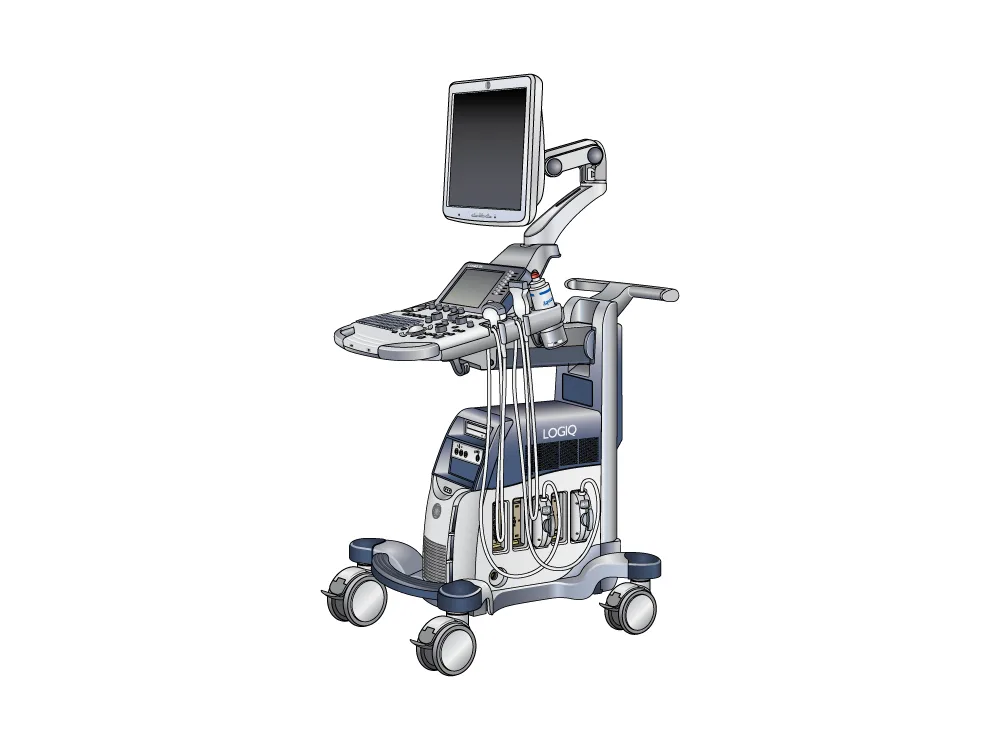 Technical illustration of a GE Healthcare ultrasound machine showing the diagnostic imaging console, monitor, control panel, and mobile cart components.