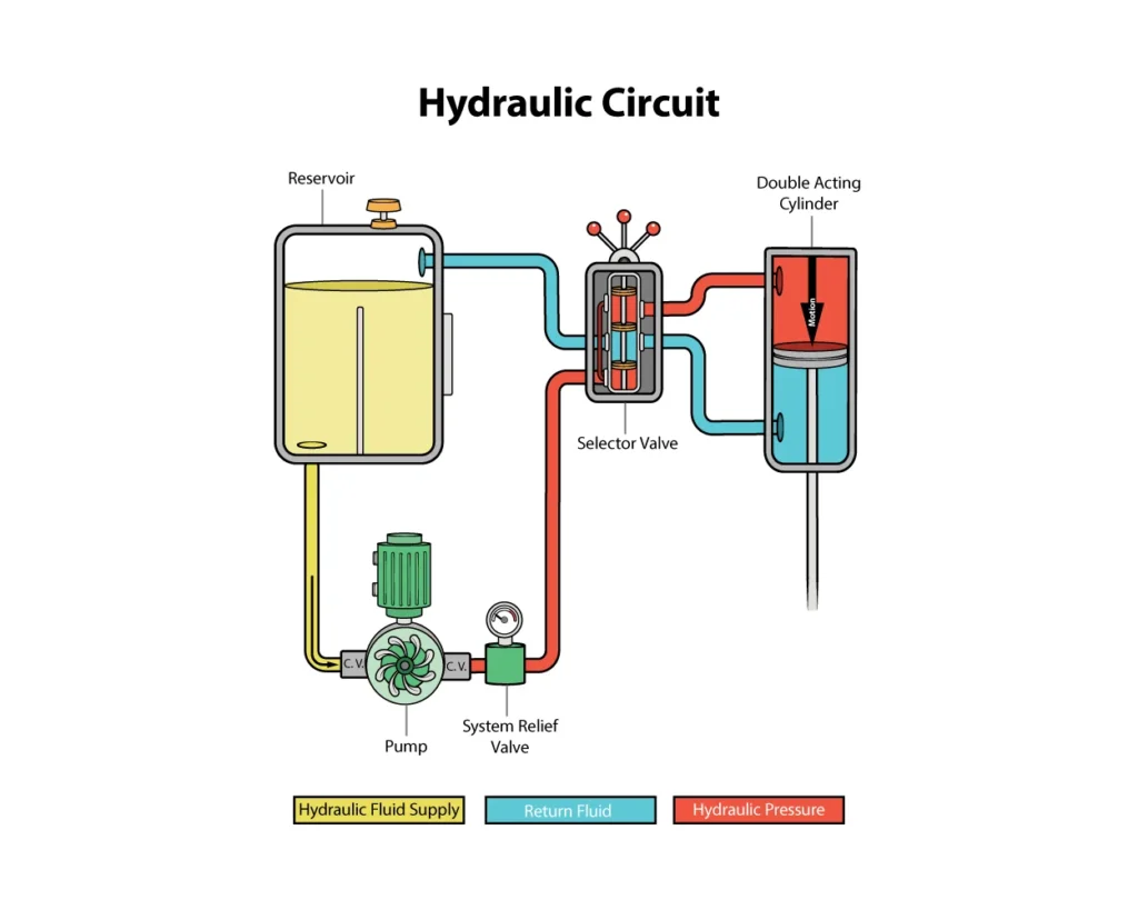 Color-coded hydraulic circuit illustration showing a reservoir, pump, relief valve, selector valve, and double-acting cylinder with pressure and return flow paths.
