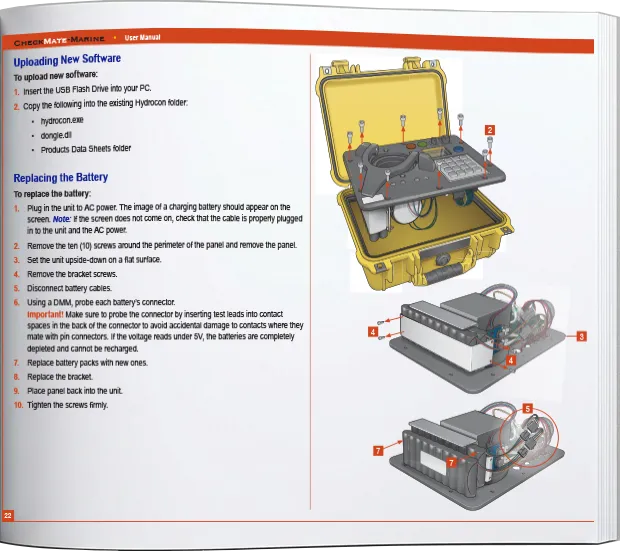 User manual page for a hydrophone testing system featuring battery replacement procedures, software update instructions, and technical illustrations.