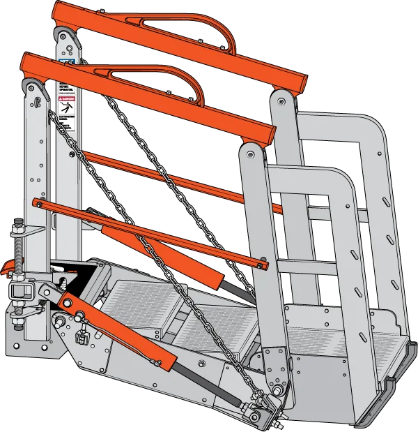 Technical illustration of a powered gangway system used for loading vehicles and railcars in industrial applications.