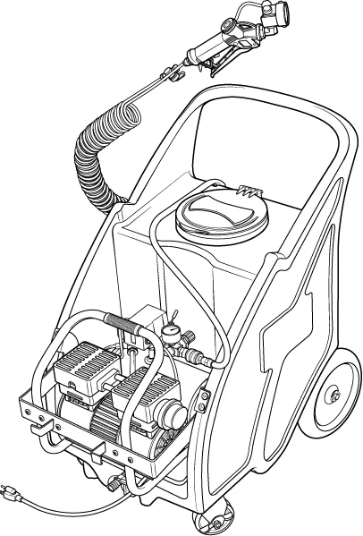 Technical illustration of a portable electric fog and mist application unit showing reservoir tank, motor assembly, hose, and spray wand.
