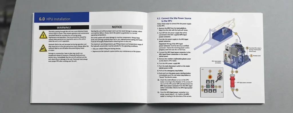 Open technical manual showing installation instructions, safety notices, and technical illustrations used for product documentation and training materials.