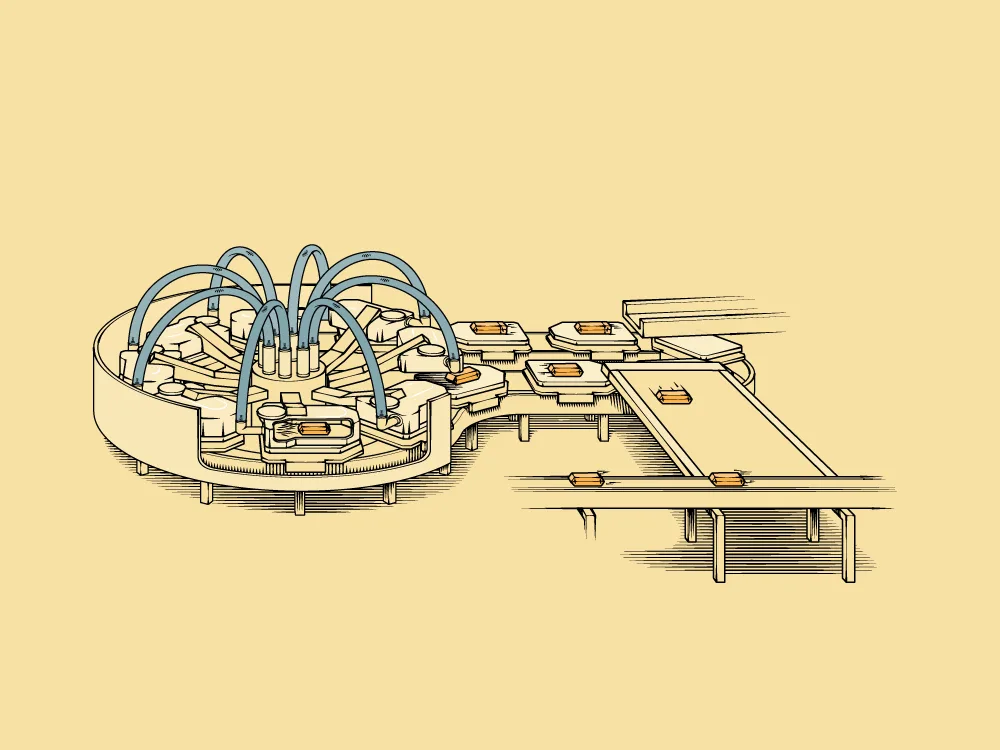 Technical illustration showing a step in the Tillamook cheese manufacturing process and production equipment layout.
