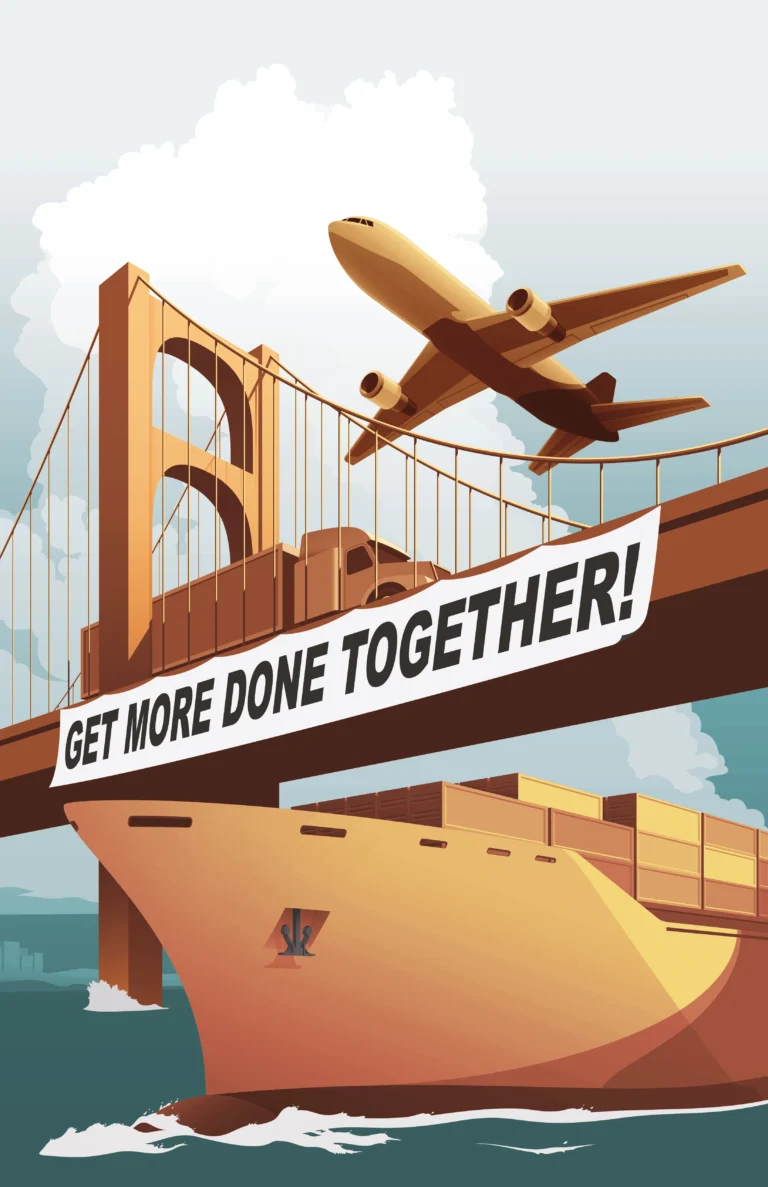 Illustration showing cargo ship, suspension bridge, freight vehicle, and commercial aircraft representing transportation and logistics systems.
