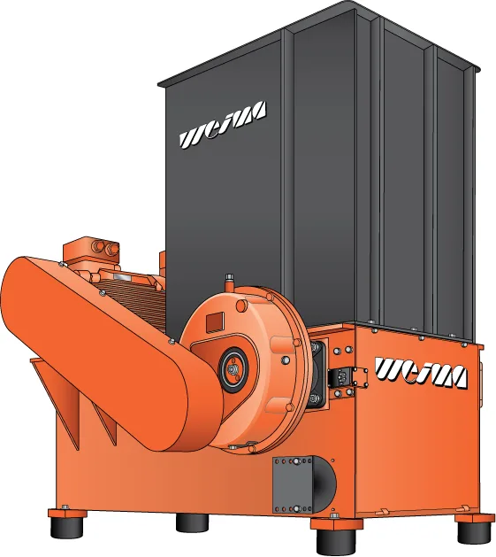 Technical illustration of a compact wood waste shredder used for industrial material processing and recycling applications.