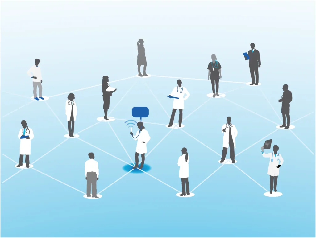 Illustration of healthcare professionals connected through a clinical communication network representing collaboration and knowledge sharing.
